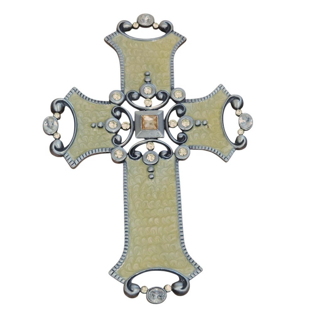 Enameled + Rhinestone Wall Cross 4.5x6" Sage Green Yellow Pewter Metal scroll